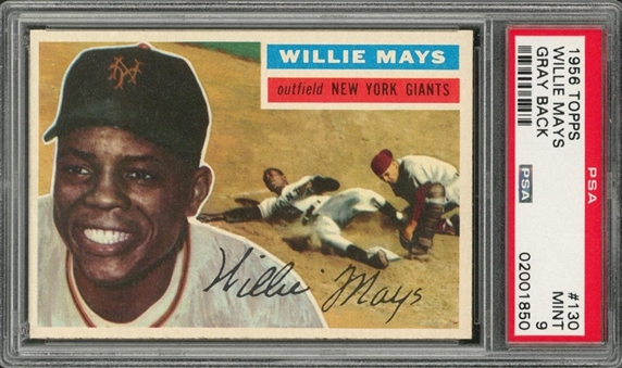1956 Topps #130 Willie Mays, Gray Back – PSA MINT 9